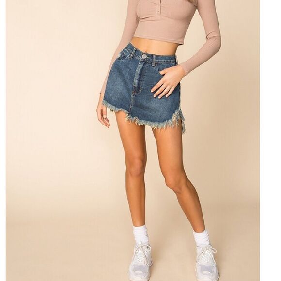 Revolve One Teaspoon Dirty Indigo Frayed Hem Cotton Mini Jeans Skirt(Size 26) - Picture 3 of 12